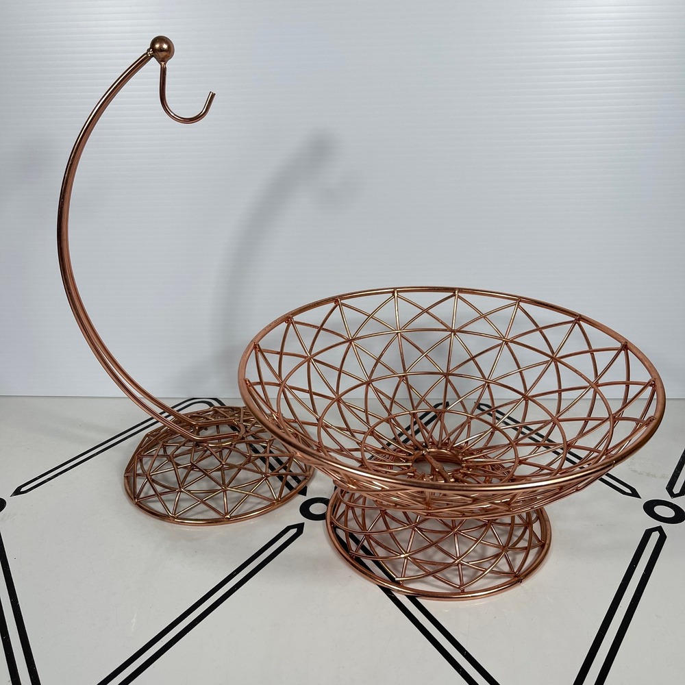 Copper Wire‎ Fruit Basket Bowl with Banana Hanger Stand Geometric Design